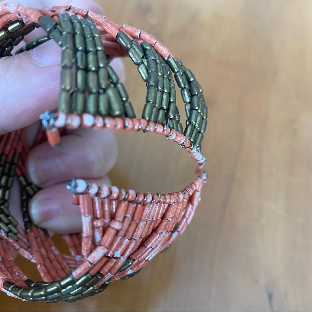 Salmon pink and bronze-gold Multicolor Seed Beaded Cuff Bracelet, 2-inches wide